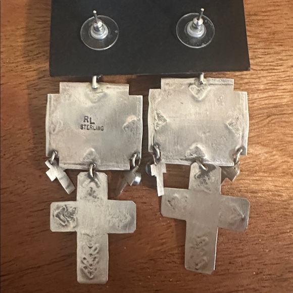 Navajo XL Rita Lee Turquoise & Spiny Cross Sterling Silver Earrings - Picture 3 of 4